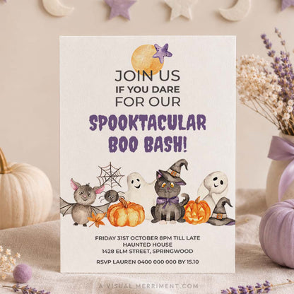 spooktacular boo bash halloween invitation with cute watercolor characters set in lilac boho fall scene