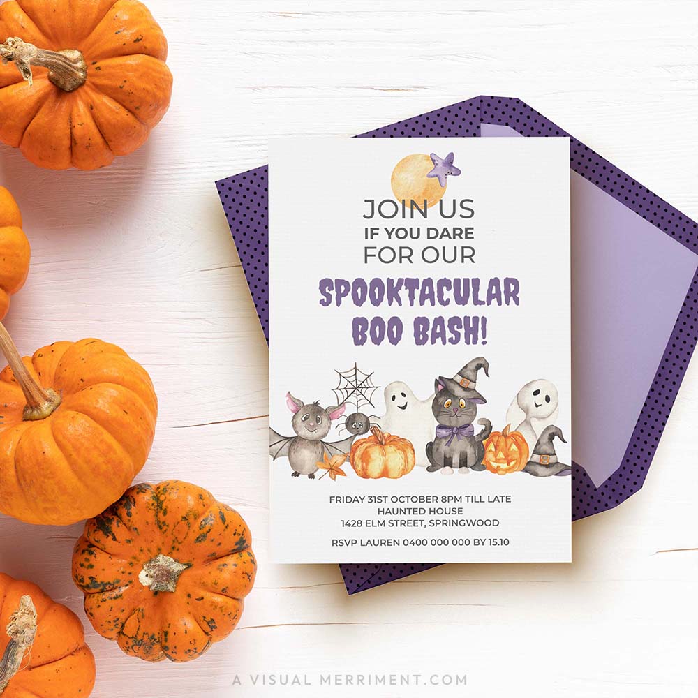 spooktacular boo bash halloween invitation with cute watercolor characters with purple envelope and pumpkins