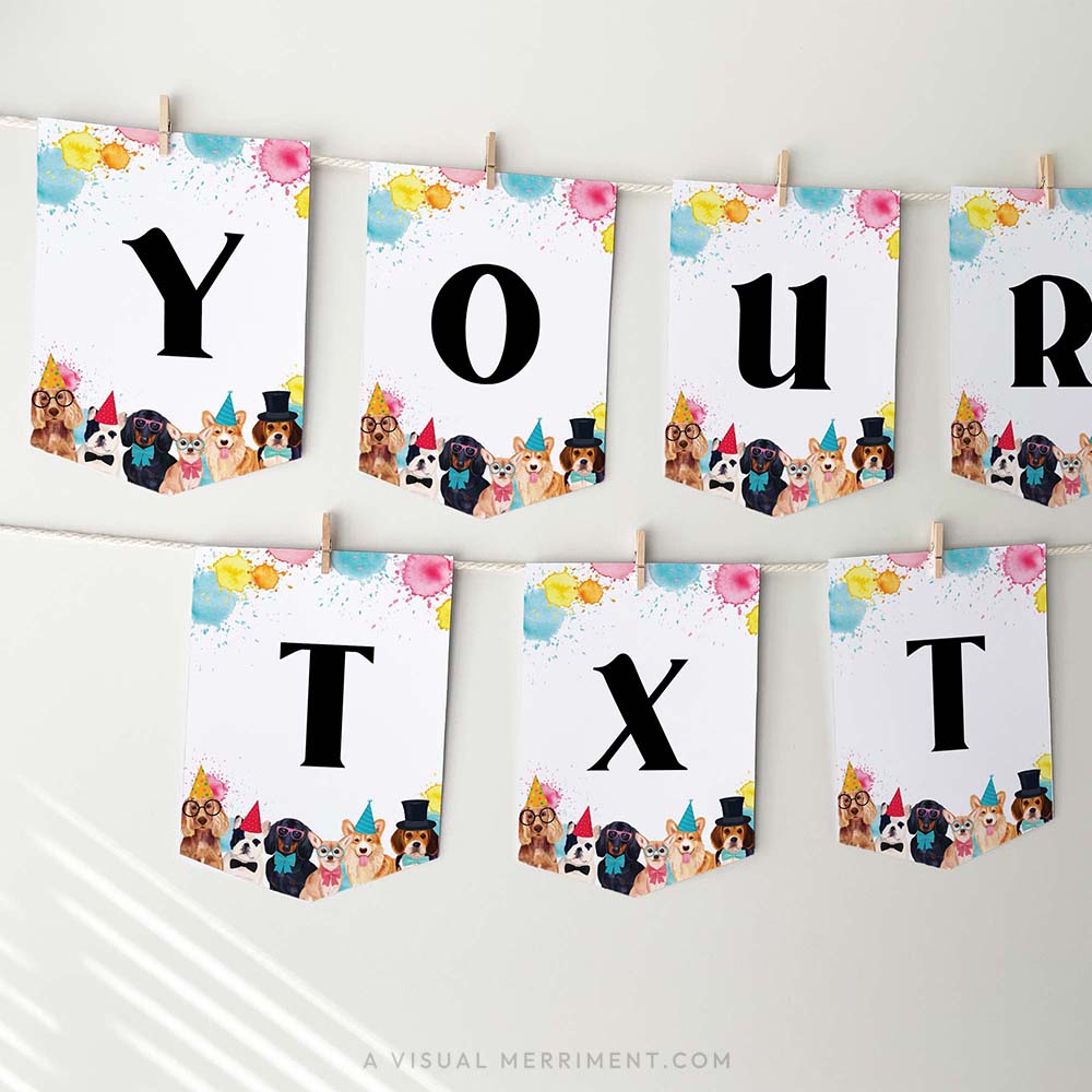 Personalized dog party editable banner with customizable text - flags hanging with pegs
