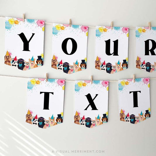 Personalized dog party editable banner with customizable text - flags hanging with pegs