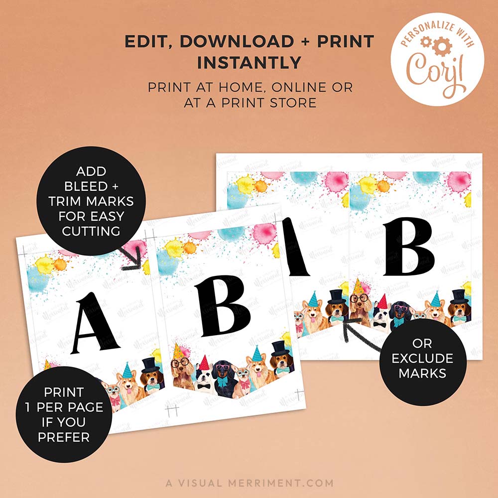 Instructions for printing editable banner template with dog party flag design