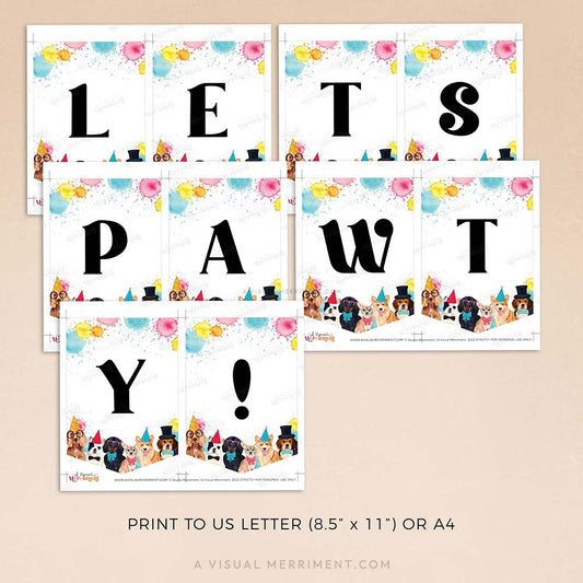 5 pages of party dog design banner flags with text lets pawty!
