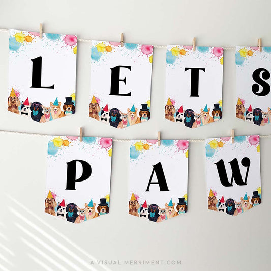 Lets pawty dog party banner with paint splatters and party dog flags hanging with pegs