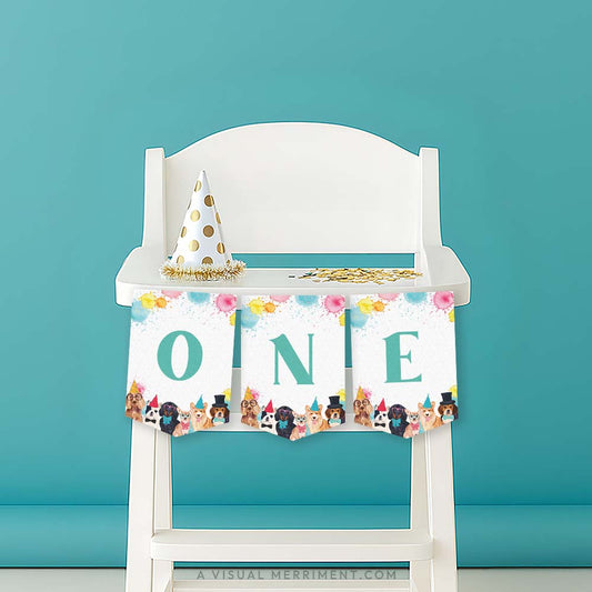 White high chair with a 'ONE' printable dog party banner and party hat