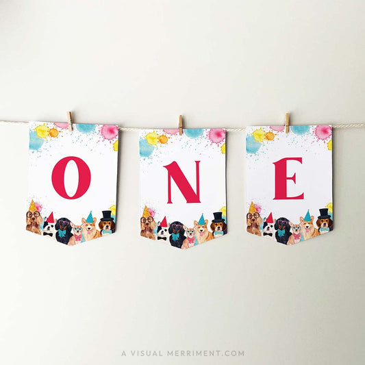 printable red ONE banner flags with party dogs and paint splatters, hanging with pegs