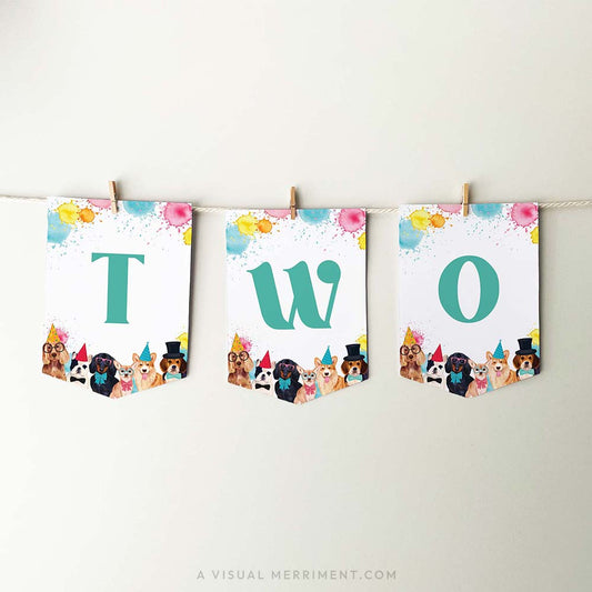 printable green TWO banner flags with party dogs and paint splatters, hanging with pegs