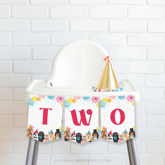 high chair with red pawty dogs printed TWO banner flags, party hat against brick wall