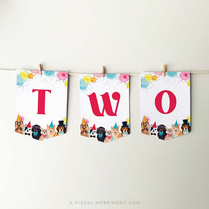 printable red TWO banner flags with party dogs and paint splatters, hanging with pegs