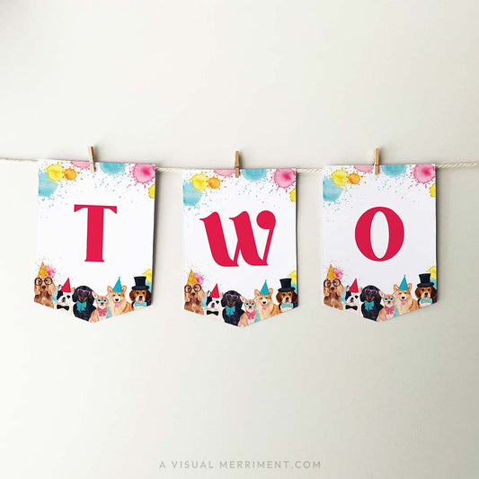printable red TWO banner flags with party dogs and paint splatters, hanging with pegs
