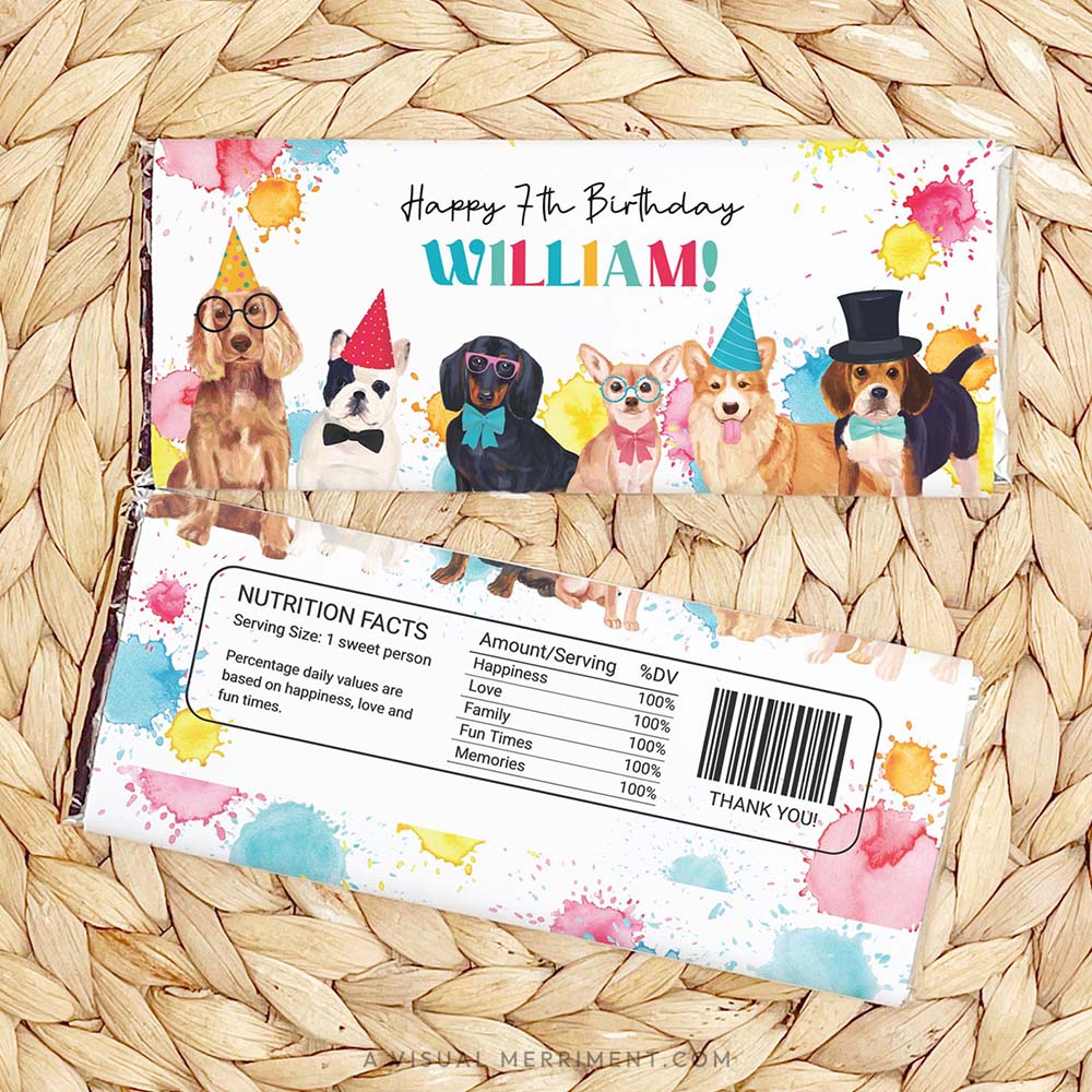 front and back of party dogs chocolate bars on woven mat
