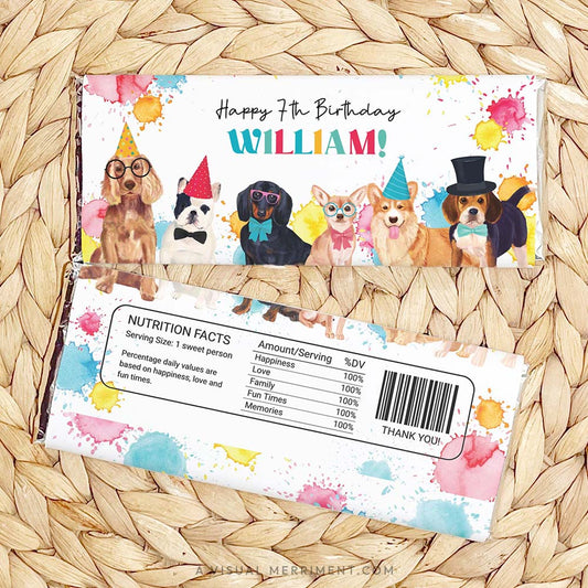 front and back of party dogs chocolate bars on woven mat