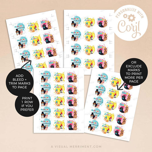 4 sheets of personalized cupcake toppers with party dogs
