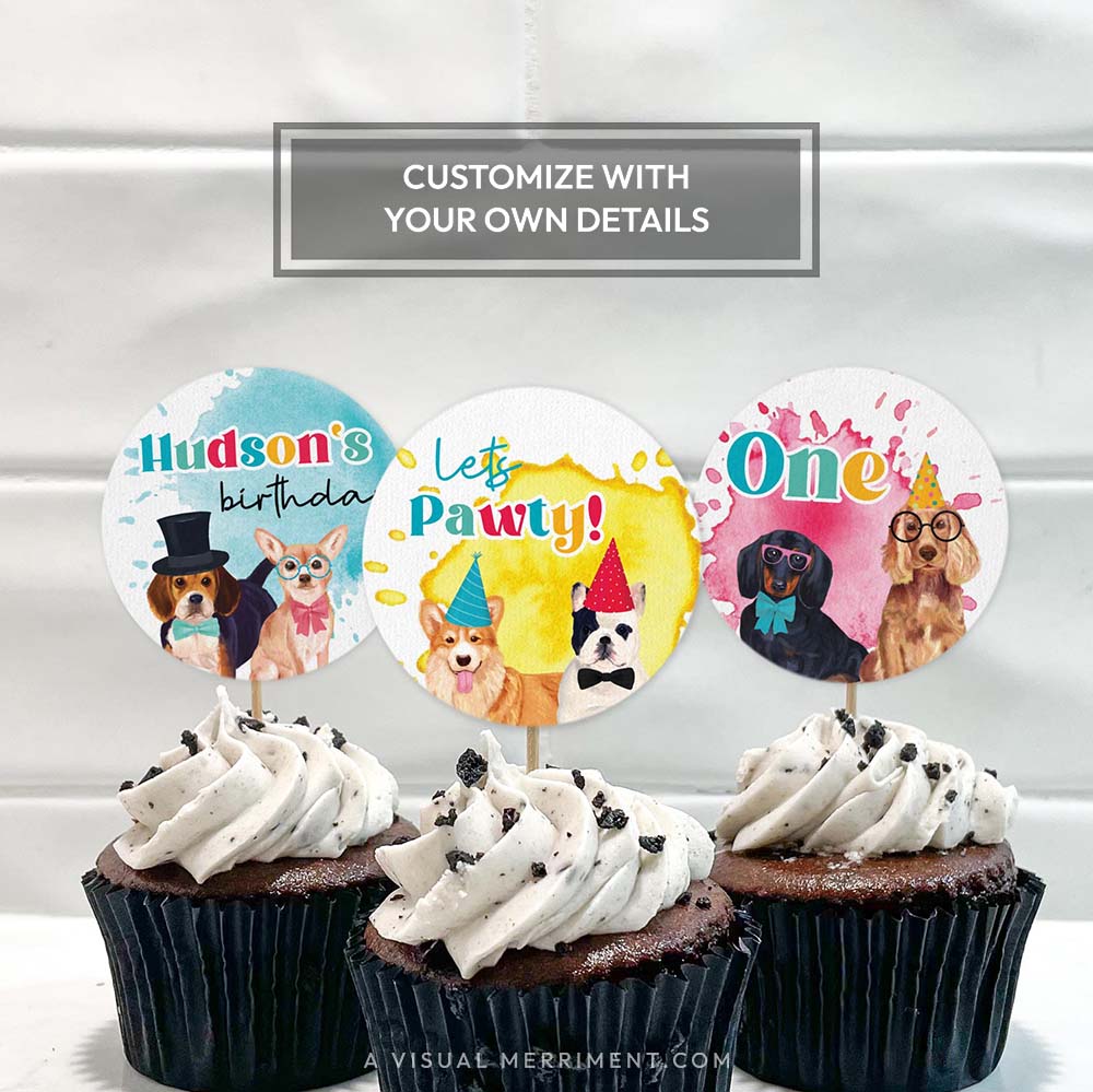 3 cupcakes with party dog printable cupcake toppers circles in cakes