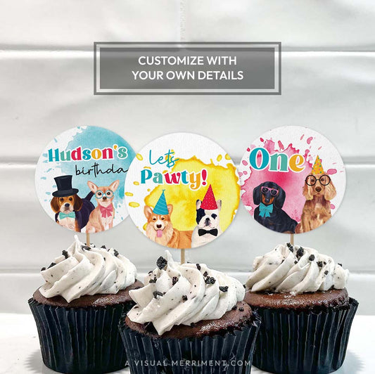 3 cupcakes with party dog printable cupcake toppers circles in cakes