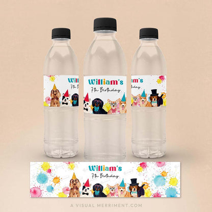 three water bottles with labels and a laid out custom water bottle label with birthday party dogs and paint splatters