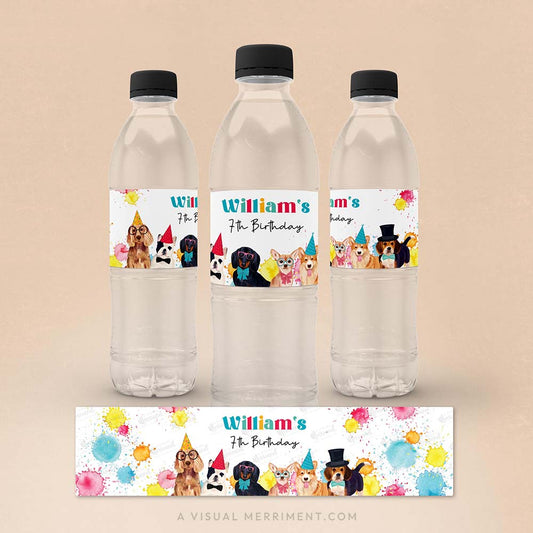 three water bottles with labels and a laid out custom water bottle label with birthday party dogs and paint splatters