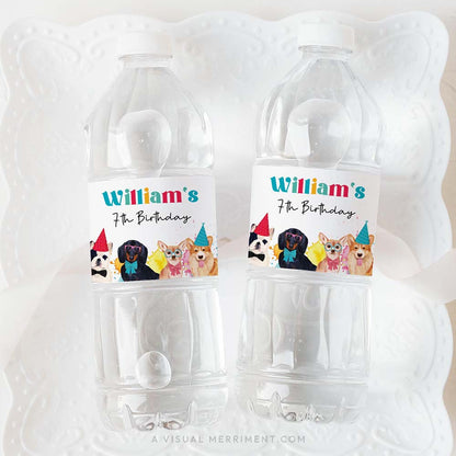 2 bottles with colorful dog party custom water bottle labels on white plate