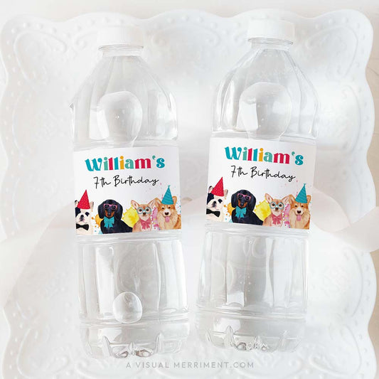 2 bottles with colorful dog party custom water bottle labels on white plate