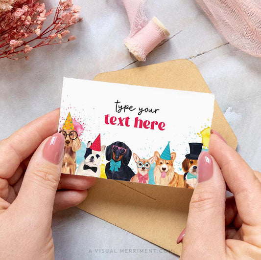 Hands holding place card with party dogs design, ribbons and brown envelope
