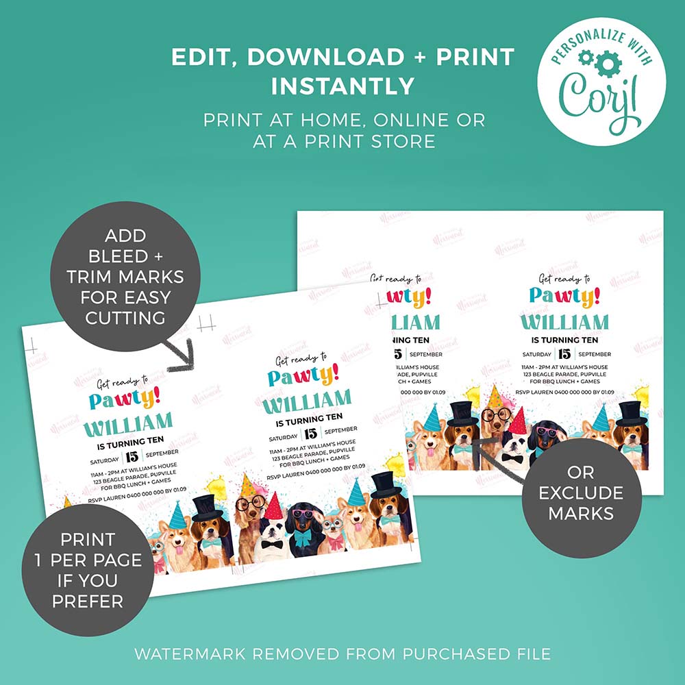 2 pages with instructions for editable invitation template with party dogs theme