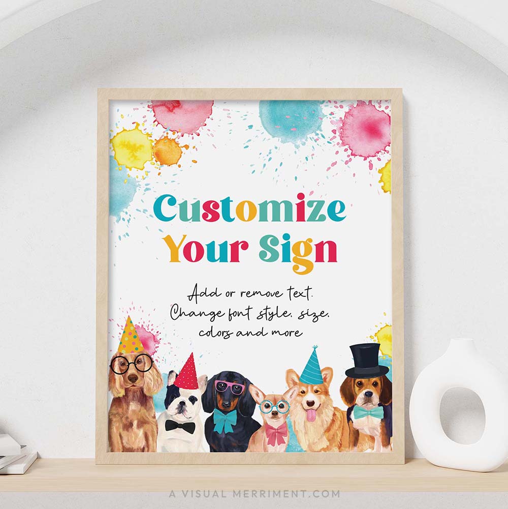 colorful party dogs birthday party sign with customize text in a frame sitting on a shelf