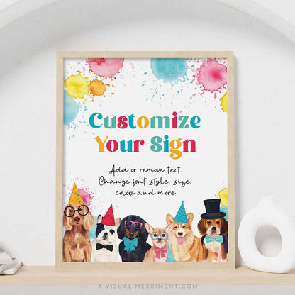 colorful party dogs birthday party sign with customize text in a frame sitting on a shelf
