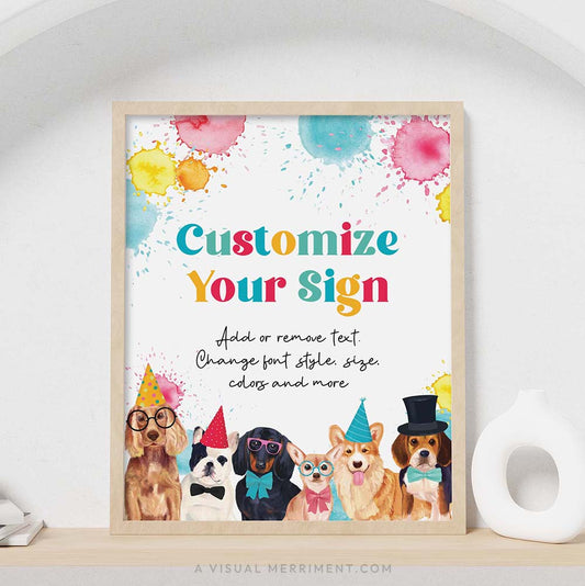 colorful party dogs birthday party sign with customize text in a frame sitting on a shelf