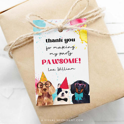 Pawty dogs Dachshund thank you for making my party pawsome editable gift tag template on wrapped gift