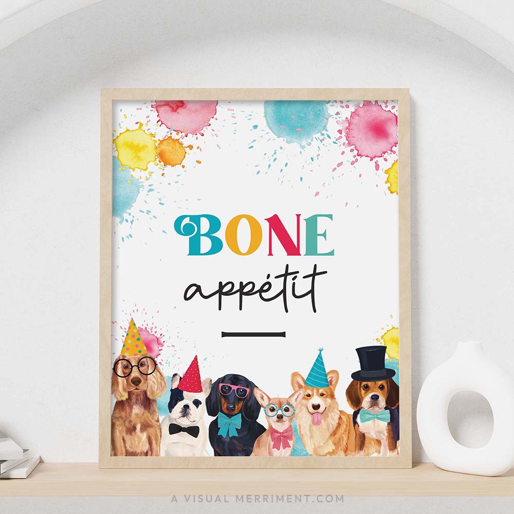 colorful bone appetit dog party food sign with in a frame sitting on a shelf