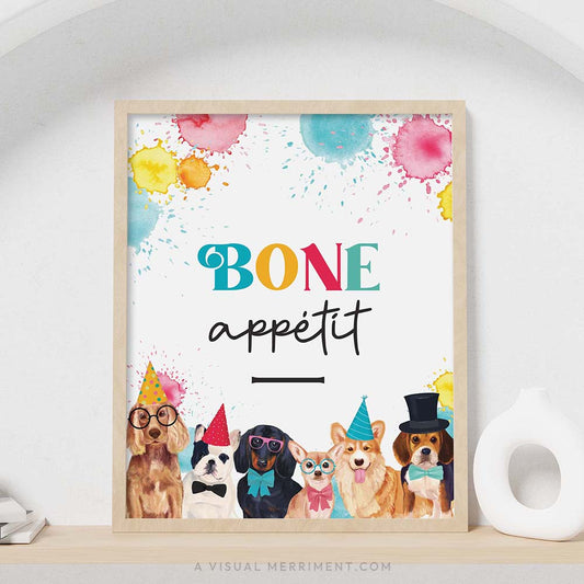 colorful bone appetit dog party food sign with in a frame sitting on a shelf