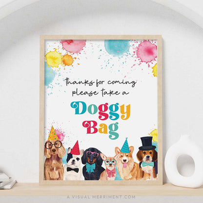 colorful please take a doggy bag favor dog party sign with in a frame sitting on a shelf