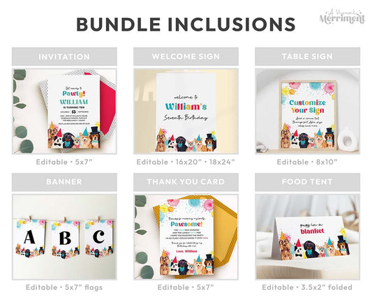 collage of 6 inclusions in pawty dogs printable party kit like signs and invite