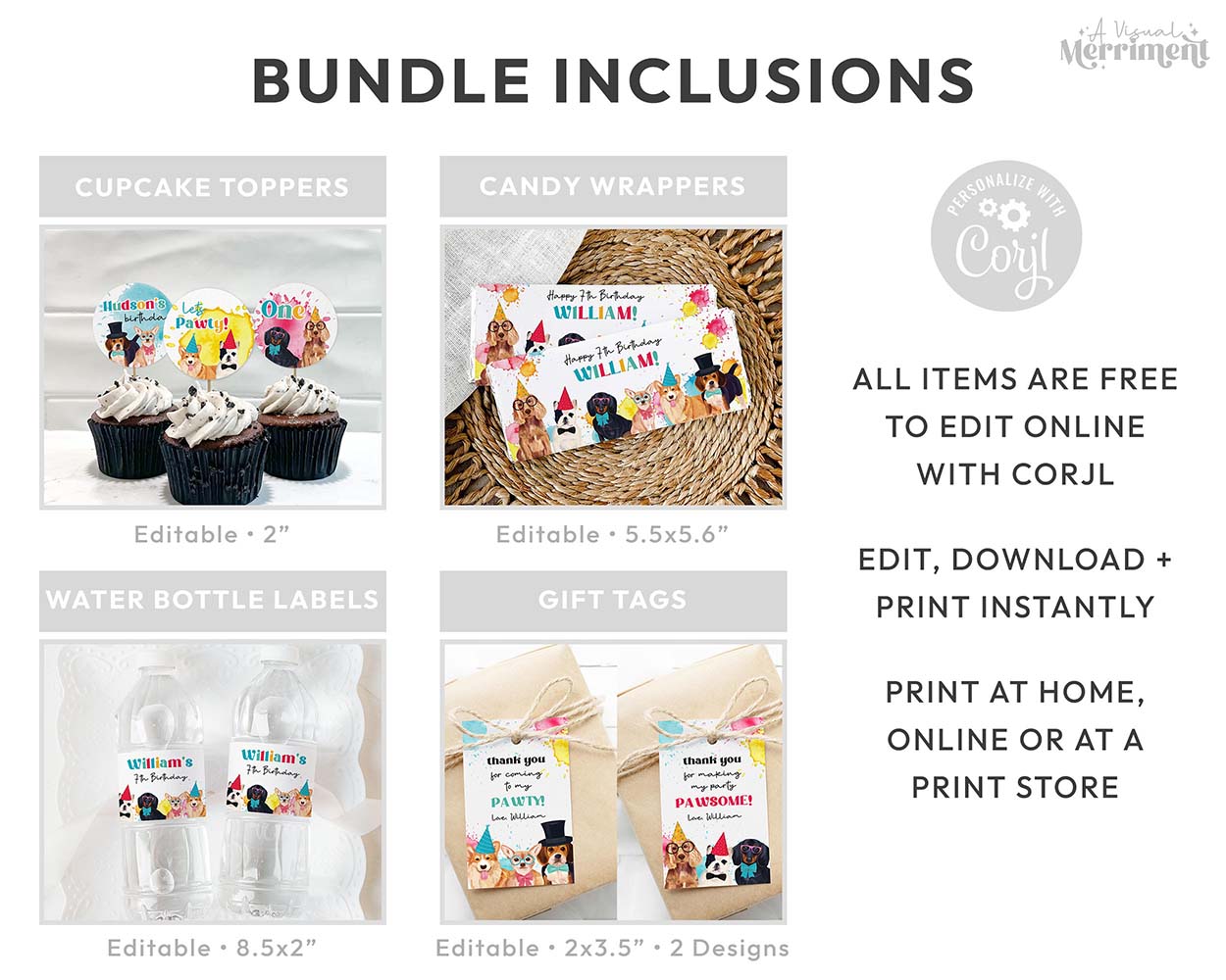 collage of 5 inclusions in pawty dogs printable party kit like food and drink labels and gift tags