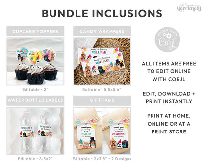 collage of 5 inclusions in pawty dogs printable party kit like food and drink labels and gift tags