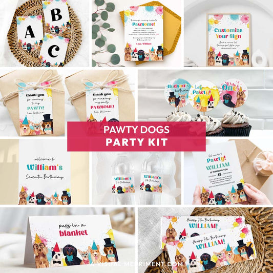 Collage of Pawty Dogs printable party kit items including signs, invitation, labels and decor.