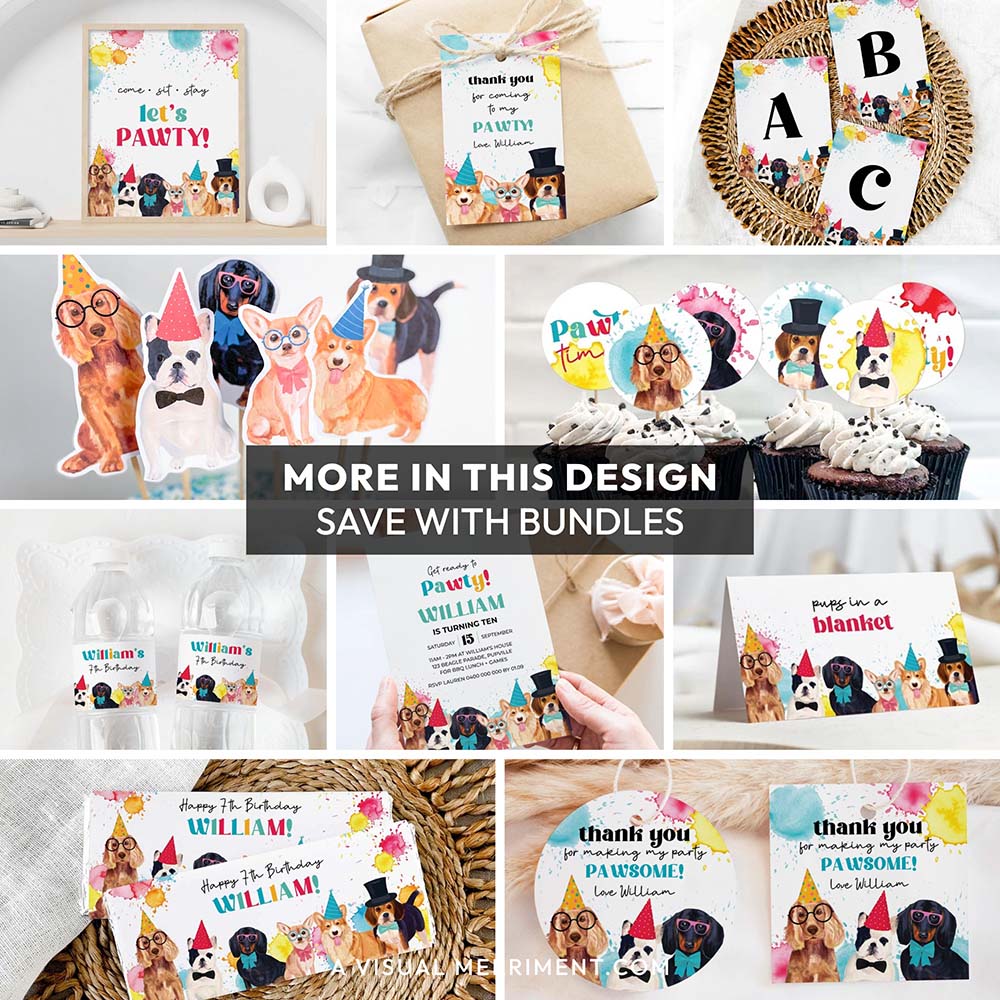collage of various pawty dogs printable dog birthday party supplies