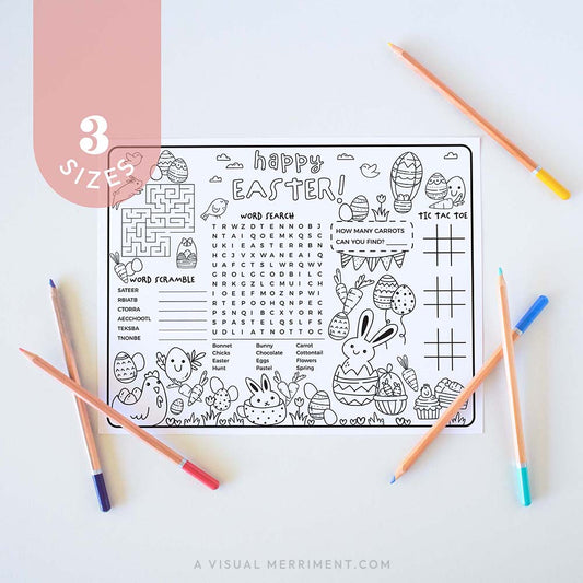 printable Easter activity sheet with coloring, maze, and word search 