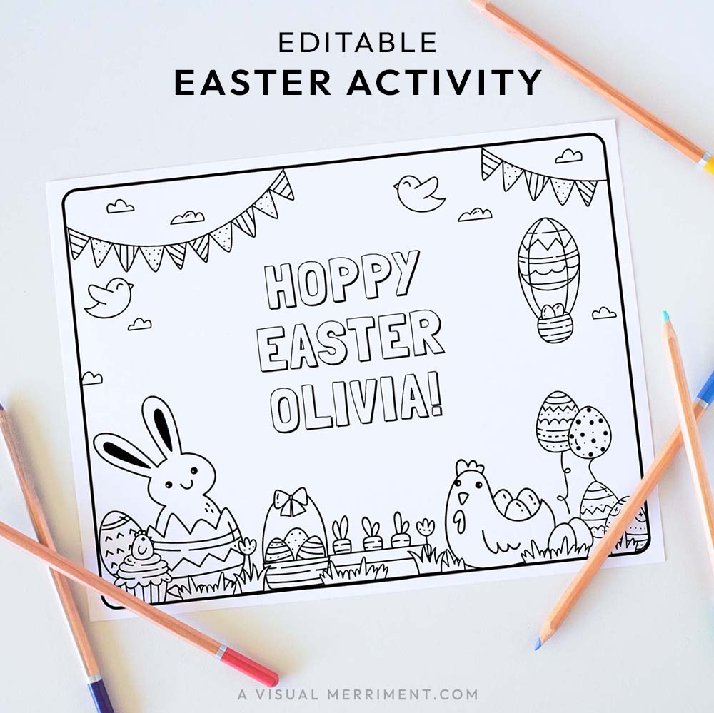 printable easter coloring placemat page with easter elements and text surrounded by colored pencils.