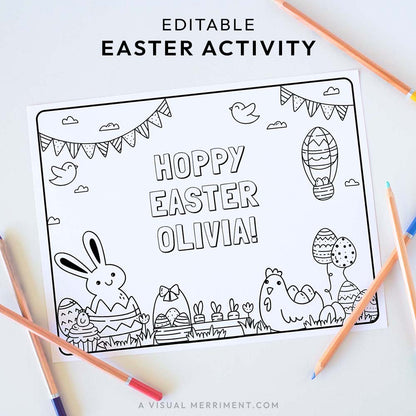 printable easter coloring placemat page with easter elements and text surrounded by colored pencils.