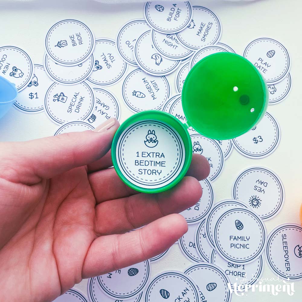 hand holding printable easter egg token for bedtime story in reusable easter egg