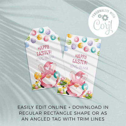 two Easter gift tags with a colorful pink gnome design