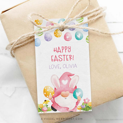 brown parcel wrapped with Easter gift tag in a colorful pink gnome design