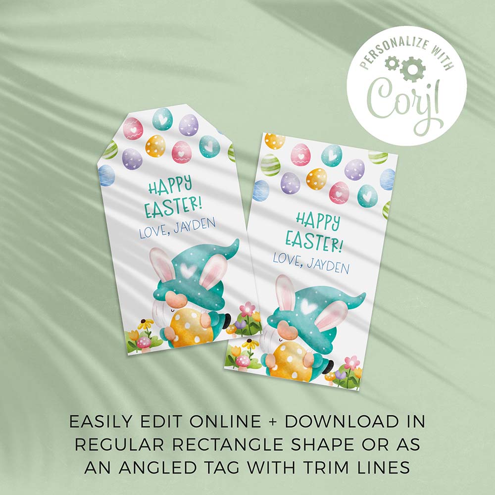 two Easter gift tags with a colorful green gnome design