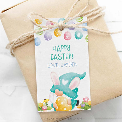 brown parcel wrapped with Easter gift tag in a colorful green gnome design