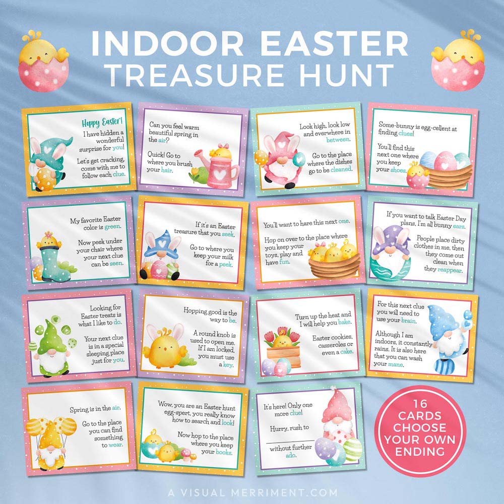 gnome printable easter scavenger hunt clue cards laid out on blue background