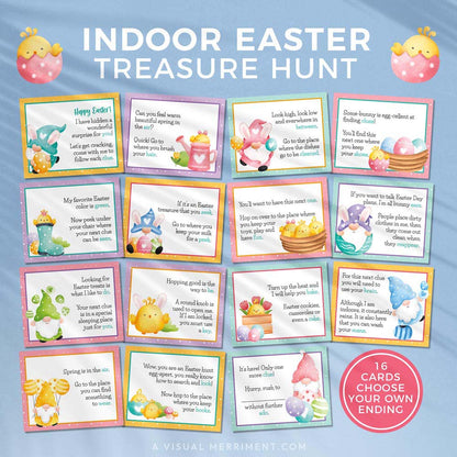 gnome printable easter scavenger hunt clue cards laid out on blue background