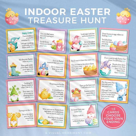 gnome printable easter scavenger hunt clue cards laid out on blue background