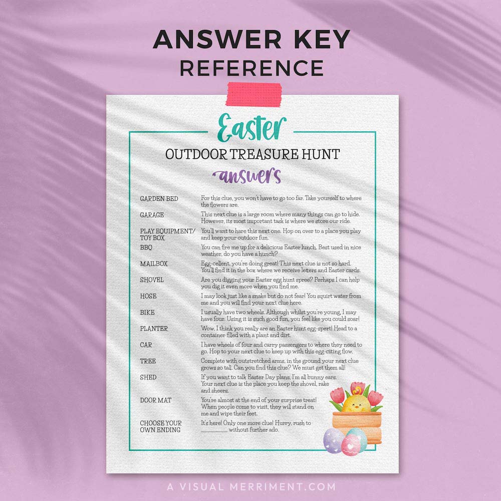 page with location answers for outdoor gnome printable easter scavenger hunt clue cards