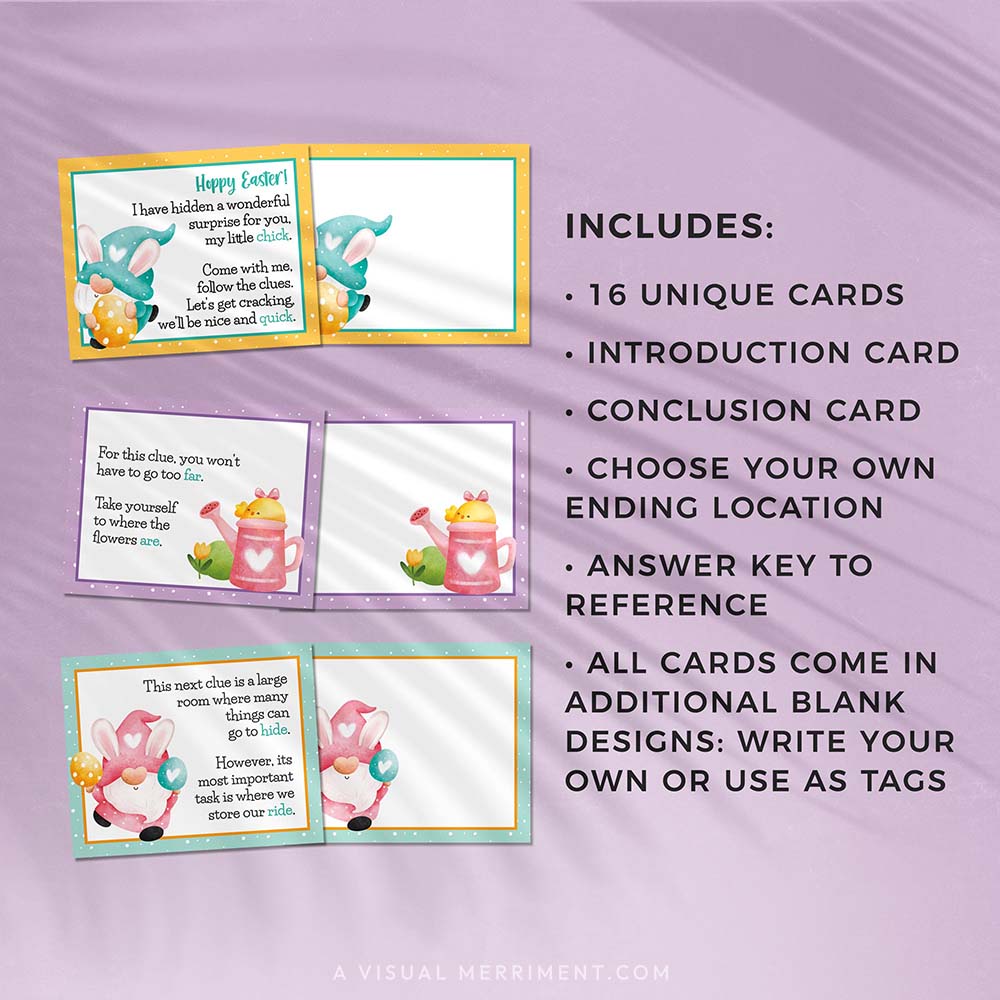 scavenger hunt clue cards on purple background, with list of card features