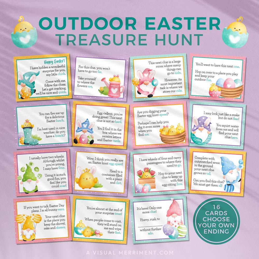 outdoor gnome printable easter scavenger hunt clue cards laid out on purple background
